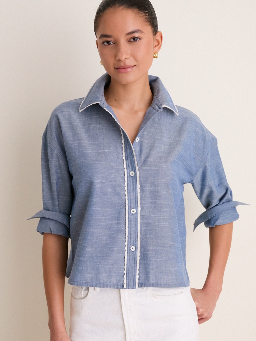 TUCKERNUCK Chambray Cropped Jasper Button Down Long Sleeve Shirt Small NWT